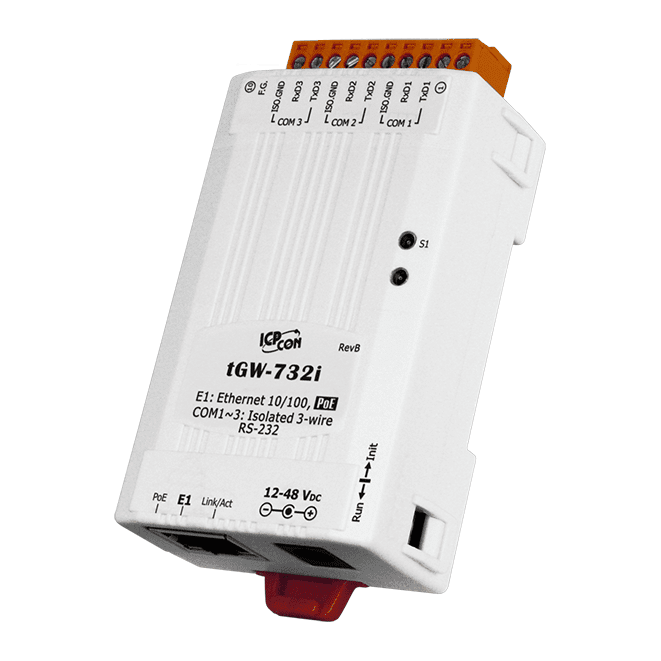 tGW-732i Tiny Modbus/TCP to RTU/ASCII Gateway with PoE & 3 Isolated RS-232 ports