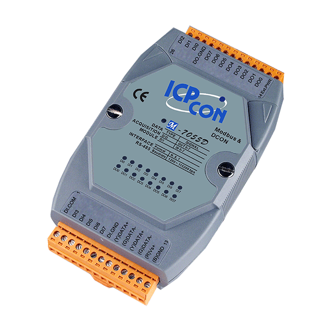 M-7055D 8-ch Isolated (Dry, Wet) DI & 8-ch Isolated (Source, PNP, 10~40 VDC) DO Module with LED Display