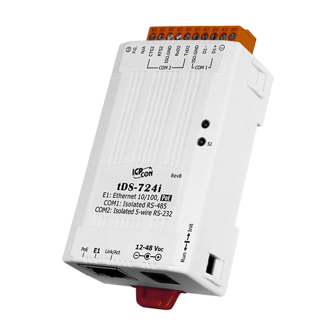 tDS-724i Tiny (1x Isolated RS-232 & 1x Isolated RS-485) Serial-to-Ethernet Device Server with PoE