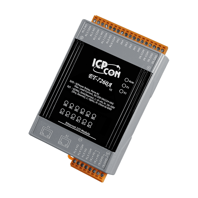 PET-7260A Ethernet I/O Module with 2-port Ethernet Switch, 6-ch Power Relay & 6-ch DI (with dry or wet contact)