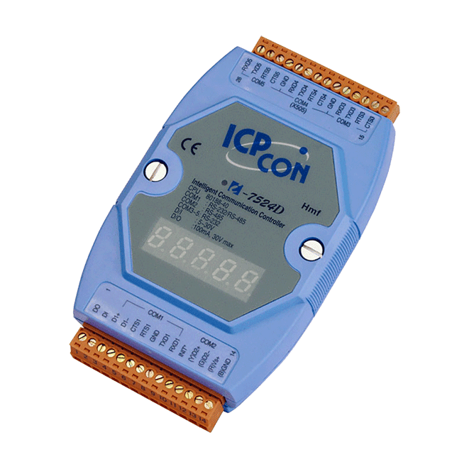 I-7524D Addressable RS-485 to 4 x RS-232/RS-485 Converter with 1 DI, 1 DO & 7-Segment LED Display