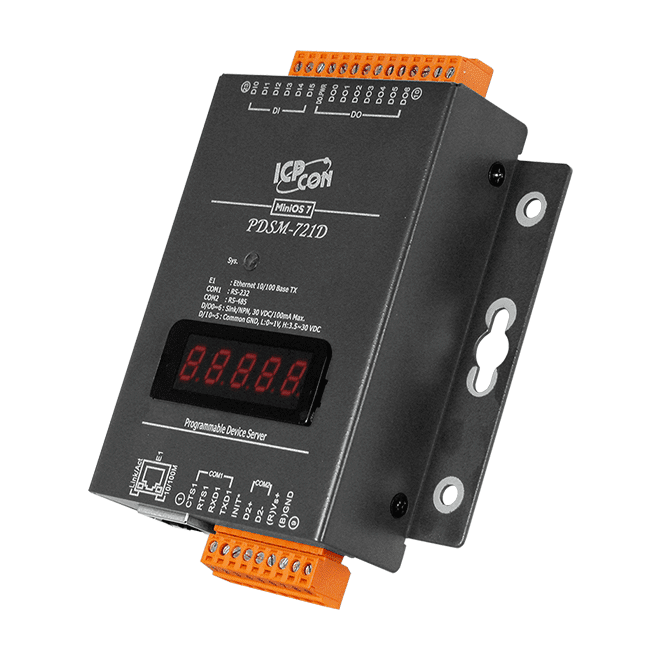 PDSM-721D Programmable (1x RS-232 and 1x RS-485) Serial-to-Ethernet Device Server with 6x DI, 7x DO and LED Display (Metal Case)