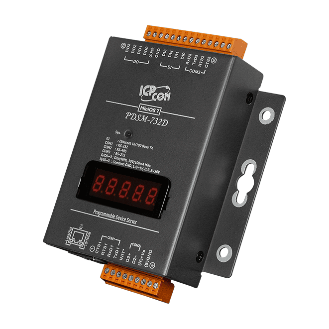 PDSM-732D Programmable (2x RS-232 and 1x RS-485) Serial-to-Ethernet Device Server with 4x DI, 4x DO and LED Display (Metal Case)