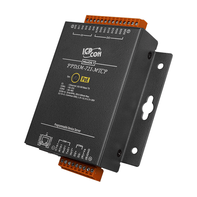 PPDSM-721-MTCP Programmable (1x RS-232 and 1x RS-485) Serial-to-Ethernet Device Server with 6x DI, 7x DO, PoE and Modbus Gateway (Metal Case)