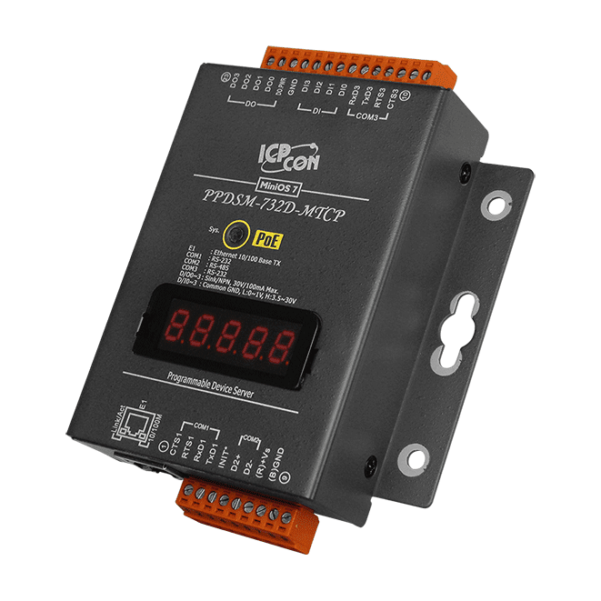 PPDSM-732D-MTCP Programmable (2x RS-232 and 1x RS-485) Serial-to-Ethernet Device Server with 4x DI, 4x DO, PoE, Modbus Gateway and LED Display (Metal Case)