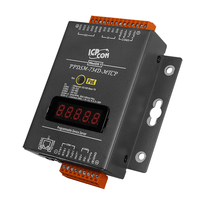 PPDSM-734D-MTCP Programmable (1x RS-232, 1x RS-485 and 1x RS-422/485) Serial-to-Ethernet Device Server with 4x DI, 4x DO, PoE, Modbus Gateway and LED Display (Metal Case)