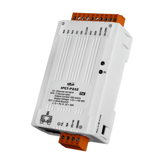 tPET-P2A2 Tiny PoE Ethernet Module with 2-ch DI and 2-ch (Source-type, PNP) DO