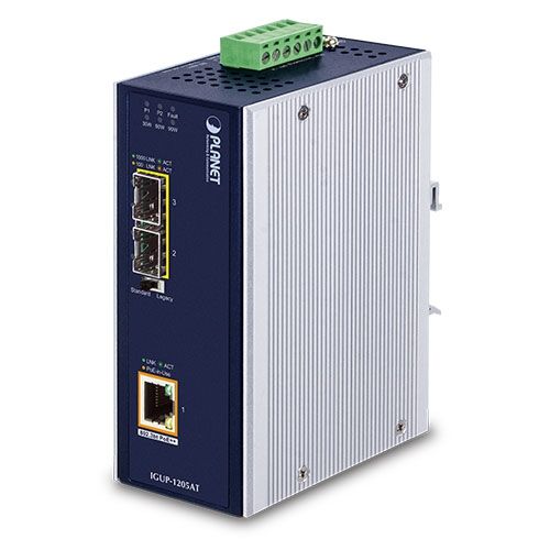 IGUP-1205AT Industrial 2-Port 100/1000X SFP to 1-Port 10/100/1000T 802.3bt PoE++ Media Converter