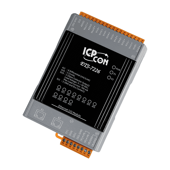 ETS-7226 Ethernet I/O Module with 2-port Ethernet Switch, 6-ch AI, 2-ch AO, 2-ch DI & 2-ch DO
