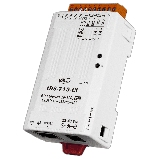 tDS-715-UL-UTA Tiny (1x RS-422/485) Serial-to-Ethernet Device Server with PoE & -40 ℃ Operating Temperature (UL Approved)
