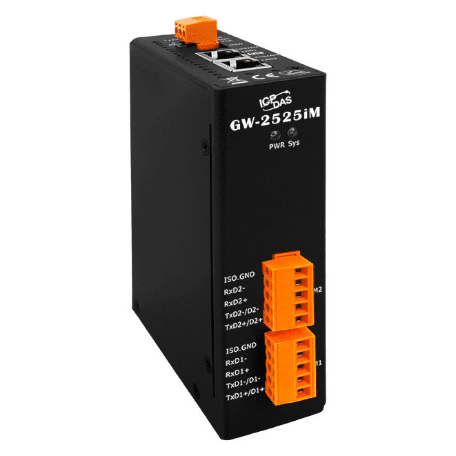 GW-2525iM Modbus TCP to RTU/ASCII Cybersecurity Gateway with 2-port Ethernet Switch & 2-port Isolated RS-422/485