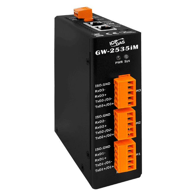 GW-2535iM Modbus TCP to RTU/ASCII Cybersecurity Gateway with 2-port Ethernet Switch & 3-port Isolated RS-422/485