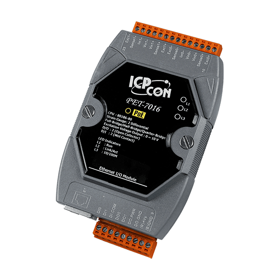 PET-7016 2-channel strain gauge, 2-channel digital input & 2-channel digital Output PoE module