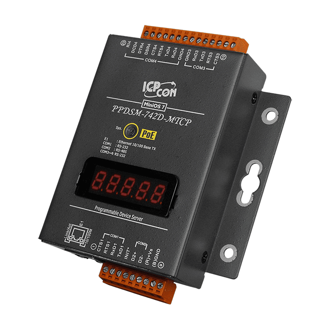 PPDSM-742D-MTCP Programmable (3x RS-232 and 1x RS-485) Serial-to-Ethernet Device Server with PoE, Modbus Gateway and LED Display (Metal Case)