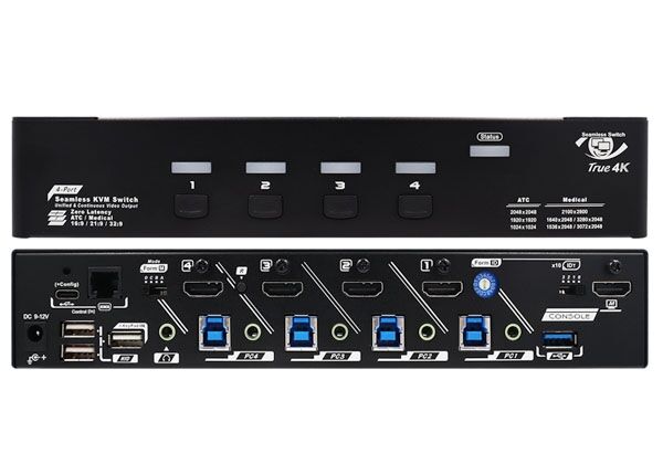 QSSM-3114 4 Ports True 4K HDMI 2.0 KVM Switch with Seamless Switching, Serial Control, Scaler & Hotkey Control