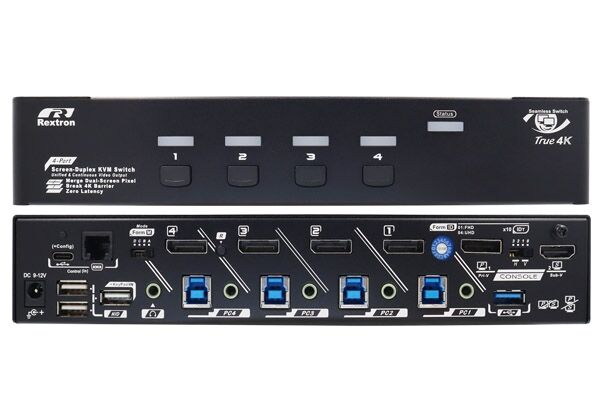 QSSP-VV3214 4-Port Dual-monitor Tiled Display KVM Switch, Seamless Switching, Audio & USB 3.2 Sharing, Virtual Com Serial, and Keypad Control
