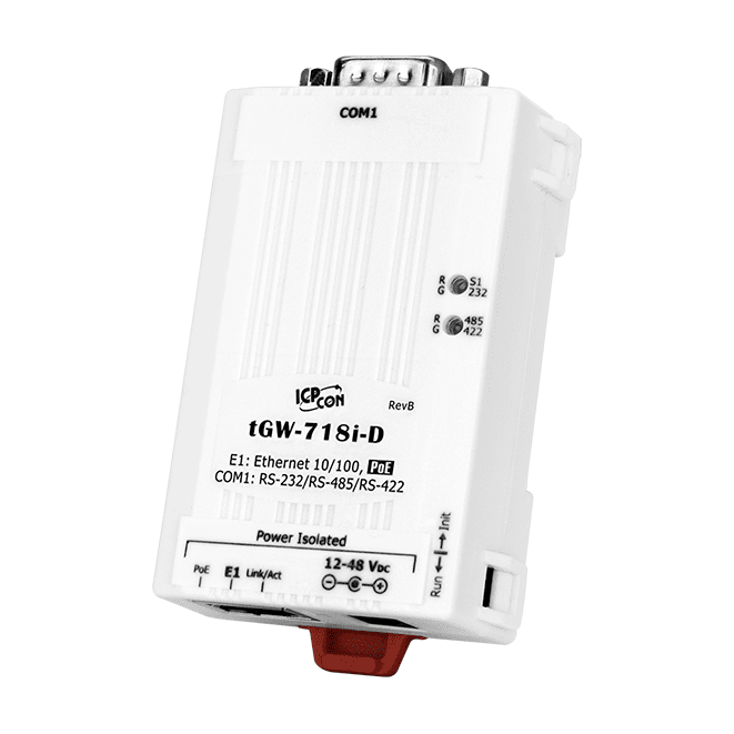 tGW-718i-D Tiny Modbus/TCP to RTU/ASCII Gateway with PoE, power isolation & 1 isolated RS-232/422/485 port