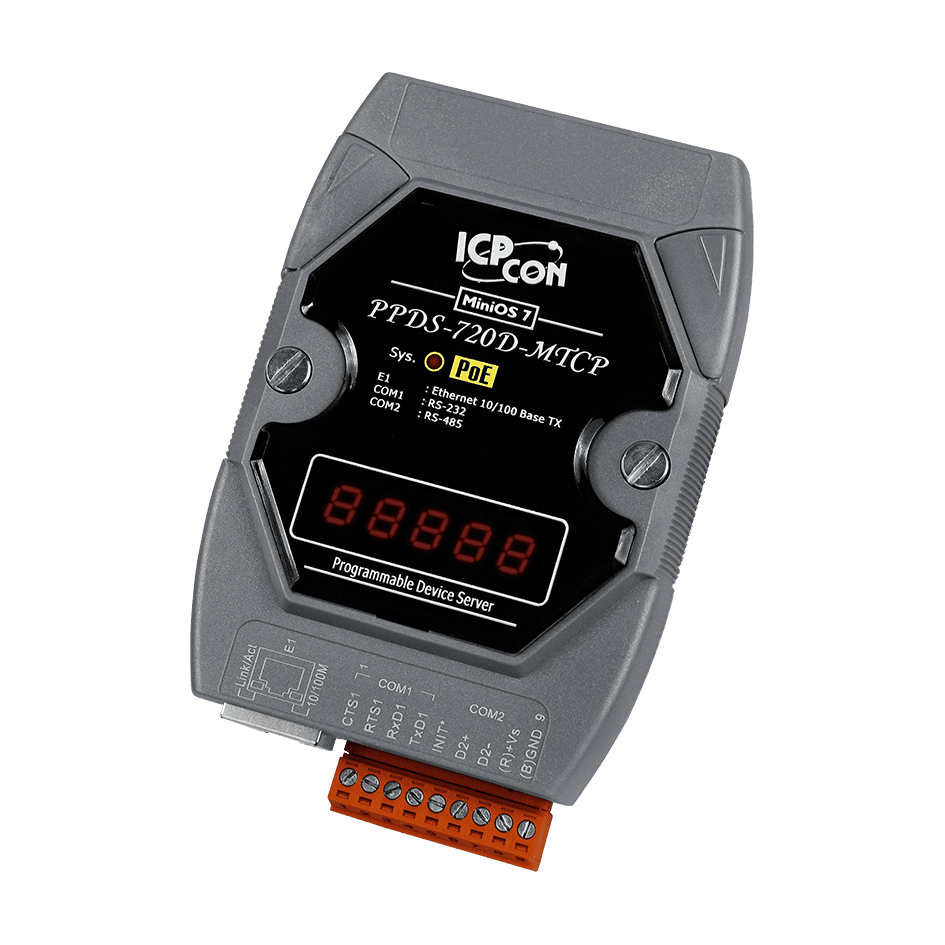PPDS-720D-MTCP Programmable (1x RS-232 and 1x RS-485) Serial-to-Ethernet Device Server with PoE, Modbus Gateway and LED Display