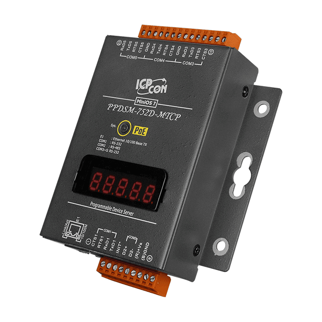 PPDSM-752D-MTCP Programmable (4x RS-232 and 1x RS-485) Serial-to-Ethernet Device Server with PoE, Modbus Gateway and LED Display (Metal Case)