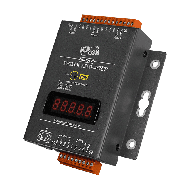 PPDSM-755D-MTCP Programmable (1x RS-232 and 4x RS-485) Serial-to-Ethernet Device Server with PoE, Modbus Gateway and LED Display (Metal Case)