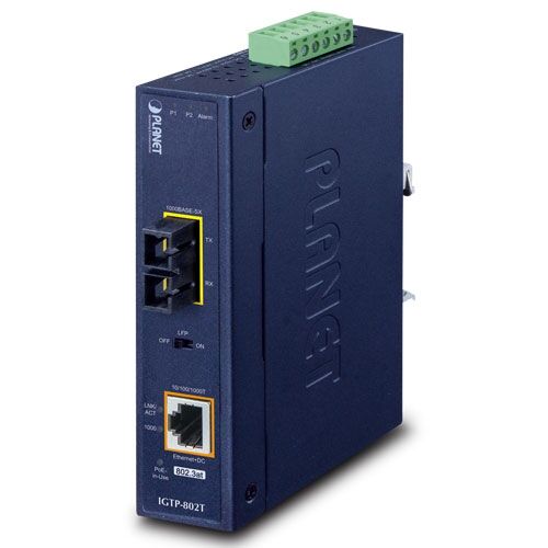 IGTP-802T 1000BASE-SX to 10/100/1000BASE-T 802.3at PoE+ Industrial Media Converter (SC,MM) -550m