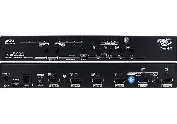 XQSCM-404 4x4 True 4K HDMI Matrix Switcher with Seamless Switch, Scaler, HDMI Audio Matrix, Audio Extract, Auto Sensing & IR/Serial Control