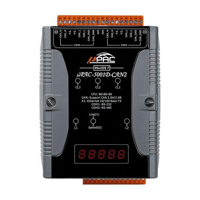 uPAC-5001D-CAN2 2-port CAN Programmable Controller with Series Port, Ethernet port, 7-segment Display & Programmable LEDs