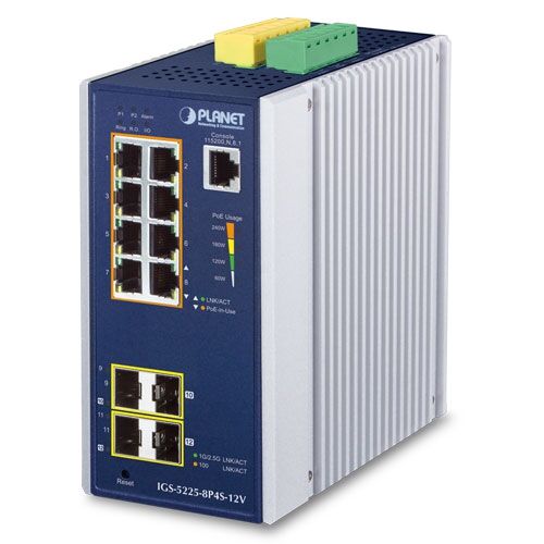 IGS-5225-8P4S-12V Industrial L2+ 8-Port 10/100/1000T 802.3at PoE + 2-Port 100/1G SFP + 2-Port 100/1G/2.5G SFP Managed Ethernet Switch w/ 12V Booster