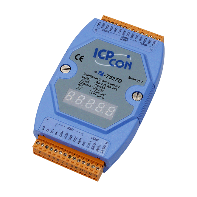 I-7527D Addressable RS-485 to 7 x RS-232/RS-485 Converter with 1 DI, 1 DO & 7-Segment LED Display