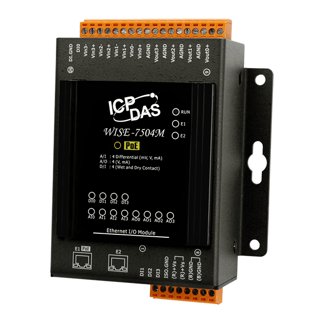WISE-7504M Intelligent MQTT I/O Module with 4-ch AI, 4-ch AO, 4-ch DI and 2-port Ethernet Switch