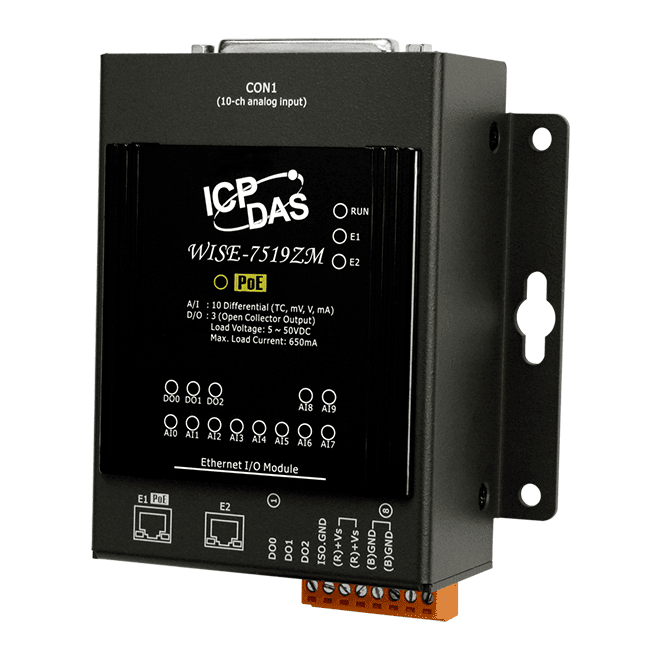 WISE-7519ZM/S Intelligent MQTT I/O Module with 10-ch AI, 3-ch DO and 2-port Ethernet Switch