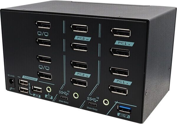 PAAG-ET3142B 2 Ports Quad Monitor 8K DisplayPort 1.4 KVM Switch With USB 3.2 Gen 2, Audio, Hotkey Control
