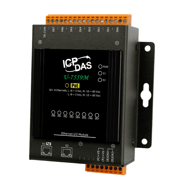 U-7559M OPC UA I/O Module with 8-channels AC/DC DI (10-80 VAC) and 2-port Ethernet Switch