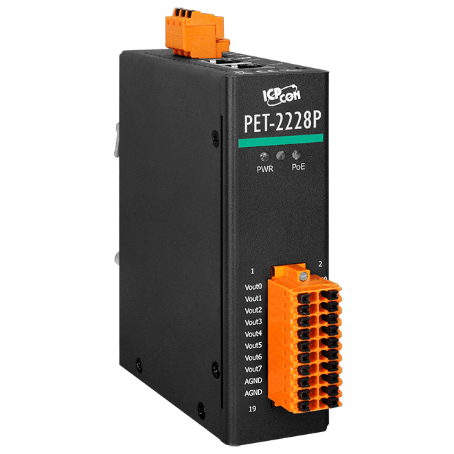 PET-2228P PoE I/O Module with 2-port Ethernet Switch, 16-bit with 8-ch Analog Output
