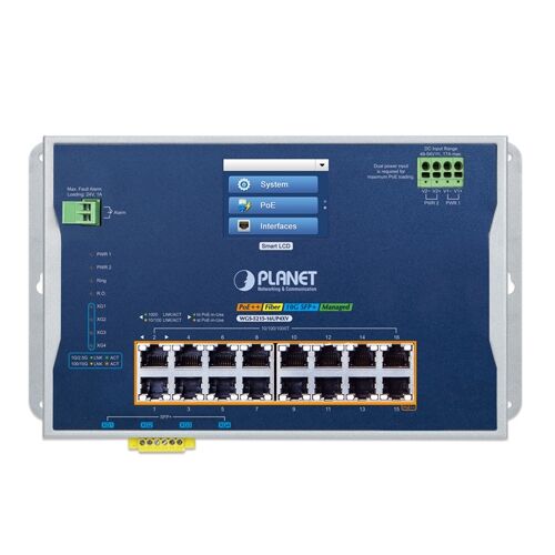 WGS-5215-16UP4XV Industrial L2+ 16-Port 10/100/1000T 802.3bt PoE + 4-Port 10G SFP+ Wall-mount Managed Ethernet Switch with LCD Touch Screen