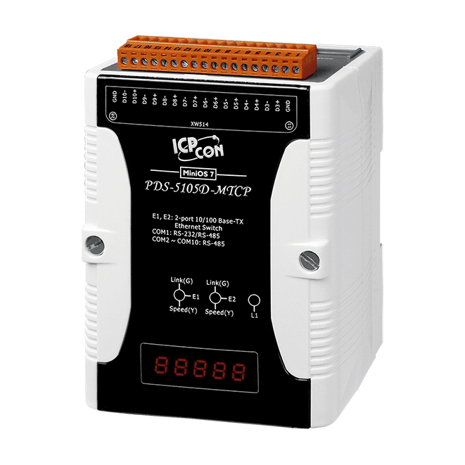 PDS-5105D-MTCP Programmable (10x RS-485) Serial-to-Ethernet Device Server with 2-port Ethernet Switch, Modbus Gateway and LED Display