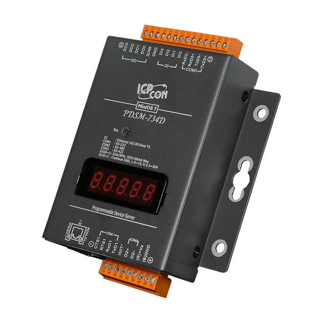 PDSM-734D Programmable (1x RS-232, 1x RS-485 and 1x RS-422/485) Serial-to-Ethernet Device Server with 4x DI, 4x DO and LED Display (Metal Case)