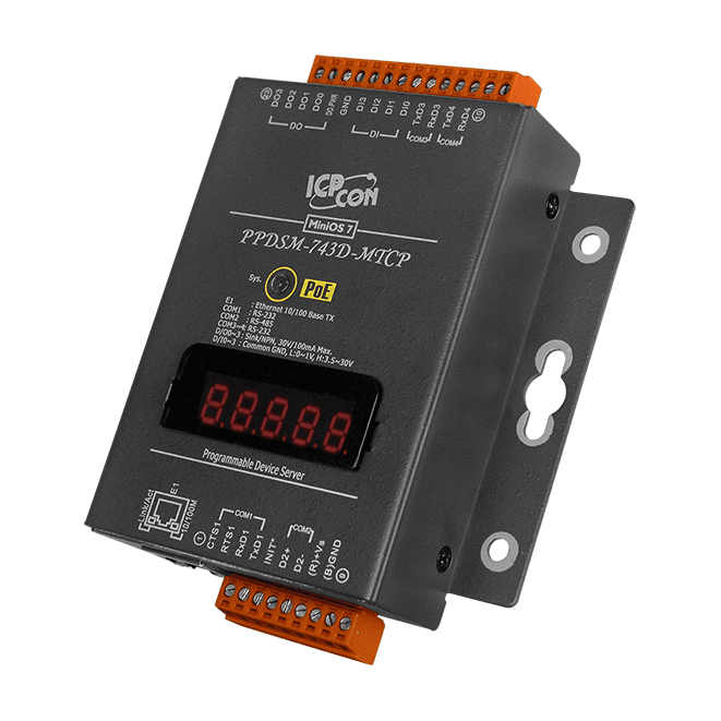 PPDSM-743D-MTCP Programmable (3x RS-232 and 1x RS-485) Serial-to-Ethernet Device Server with 4x DI, 4x DO, PoE, Modbus Gateway and LED Display (Metal Case)