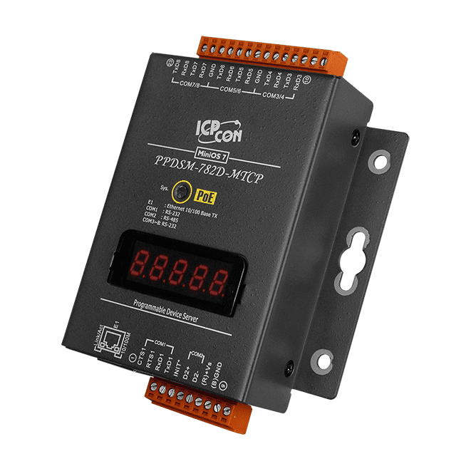 PPDSM-782D-MTCP Programmable (7x RS-232 and 1x RS-485) Serial-to-Ethernet Device Server with PoE, Modbus Gateway and LED Display (Metal Case)