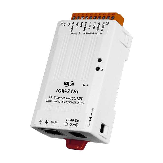 tGW-718i Tiny Modbus/TCP to RTU/ASCII Gateway with PoE & 1 isolated RS-232/422/485 port