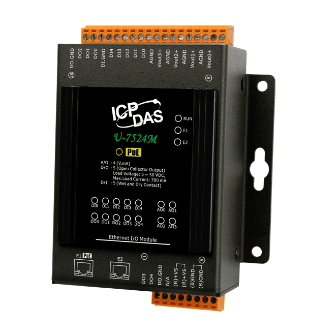 U-7524M OPC UA I/O Module with 4-ch AO, 5-ch DI, 5-ch DO and 2-port Ethernet Switch