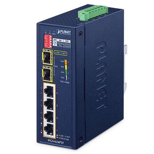 IFGS-624PTF Industrial 4-Port 10/100TX 802.3at PoE + 2-Port 1000X SFP Ring Ethernet Switch