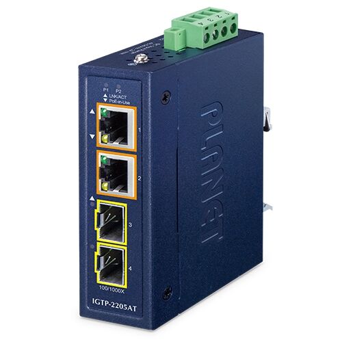 IGTP-2205AT Compact Industrial 2-Port 100/1000X SFP to 2-Port 10/100/1000T 802.3at PoE+ Media Converter
