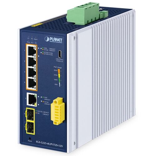 IGS-5225-4UP1T2S-12V Industrial L2+ 4-Port 10/100/1000T 802.3bt PoE + 1-Port 10/100/1000T + 2-Port 1G/2.5G SFP Managed Ethernet Switch w/12V Booster