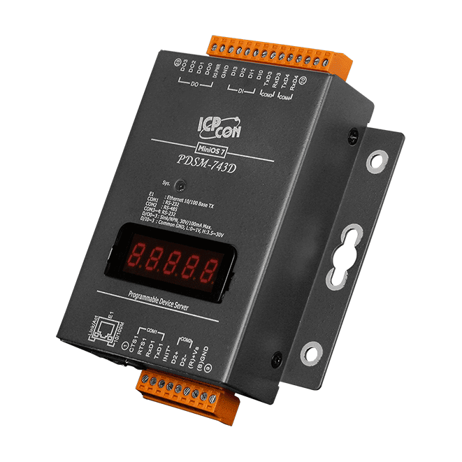 PDSM-743D Programmable (3x RS-232 and 1x RS-485) Serial-to-Ethernet Device Server with 4x DI, 4x DO and LED Display (Metal Case)