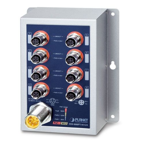 ISW-808PT-M12A Industrial 8-Port 10/100TX M12 802.3at PoE+ Switch