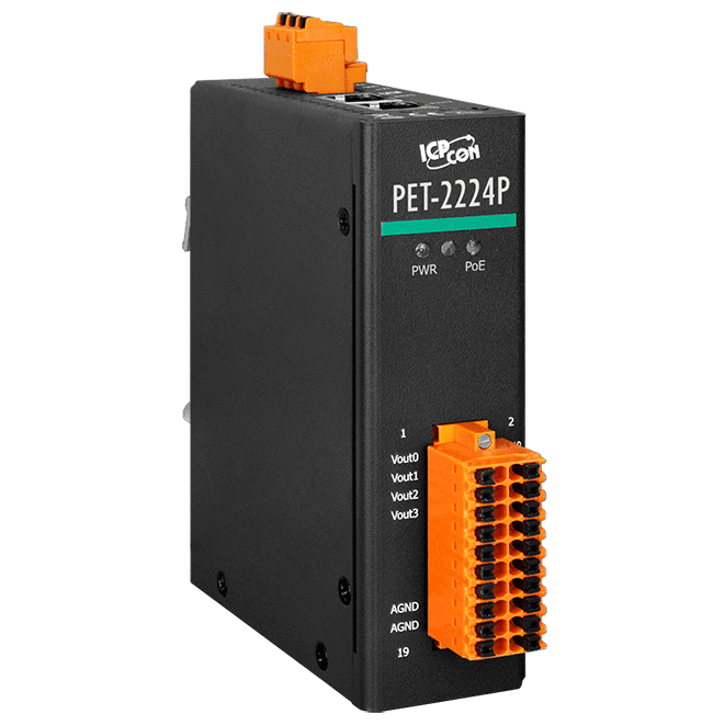PET-2224P PoE I/O Module with 2-port Ethernet Switch, 16-bit with 4-ch Analog Output