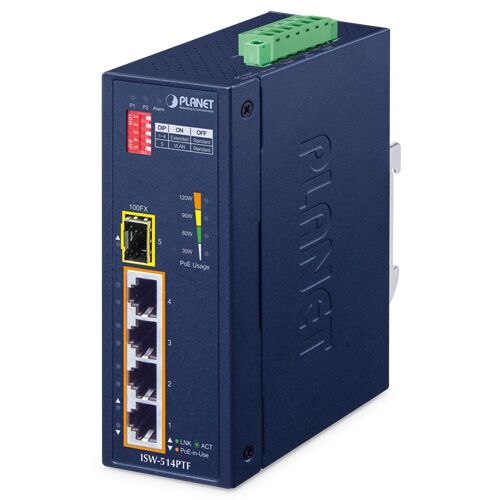 ISW-514PTF Industrial 4-Port 10/100TX 802.3at PoE+ plus 1-Port 100FX Ethernet Switch
