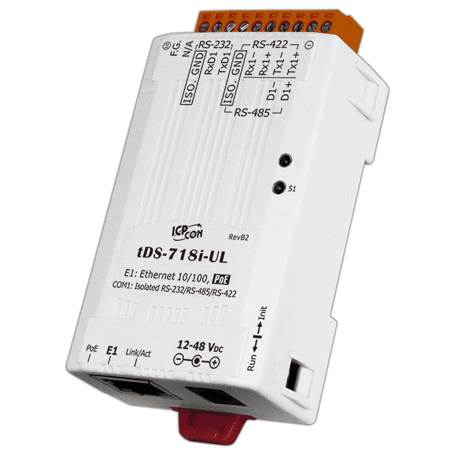 tDS-718i-UL-UTA Tiny (1x Isolated RS-232/422/485) Serial-to-Ethernet Device Server with PoE & -40 ℃ Operating Temperature (UL Approved)