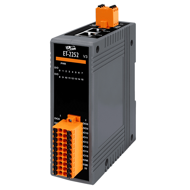 ET-2252 Ethernet I/O Module with 2-port Ethernet Switch, Universal 16-ch DIO (DI: Sink, DO: Source, 450 mA max.)